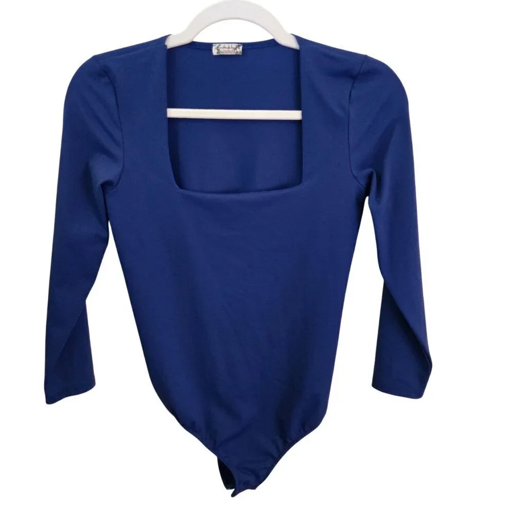 Free People Intimately Free Truth Or Square Long Sleeve Bodysuit Blue Size S